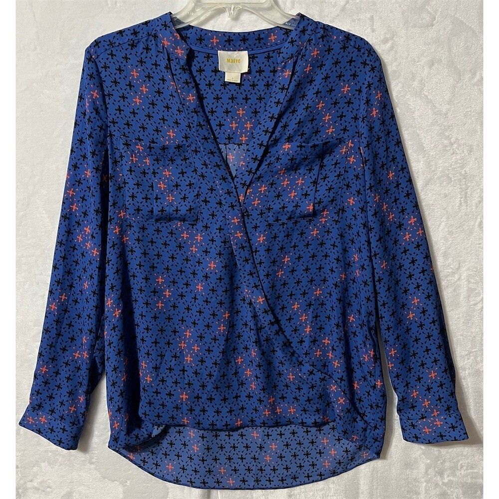 Maeve Anthropologie Eva Blouse Womens Size 4 Blue Floral Faux Wrap Hi-Low